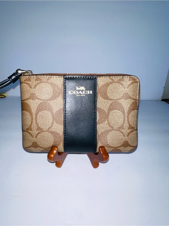 Coach Handbags - Coach Corner Zip Wristlet Signature Canvas Leather Stripe Khaki Black Gold
